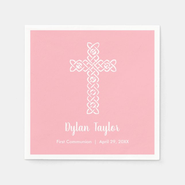 White Cross Pink First Communion Napkins (Front)