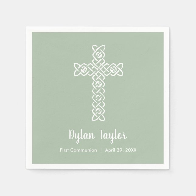 White Cross Sage Green First Communion Religious Napkins (Front)