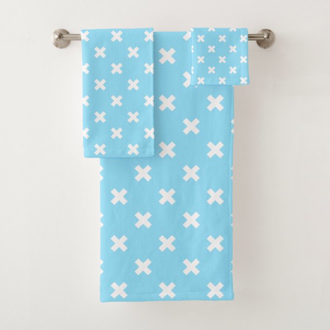 White cross stitches on baby blue bath towel set (Insitu)