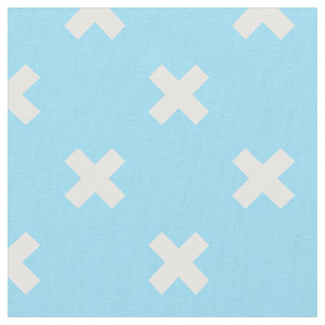 White cross stitches on baby blue fabric (Close Up)