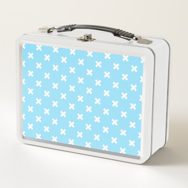 White cross stitches on baby blue metal lunch box (Front)