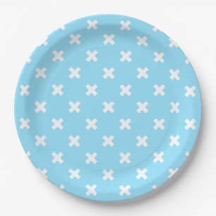 White cross stitches on baby blue paper plates