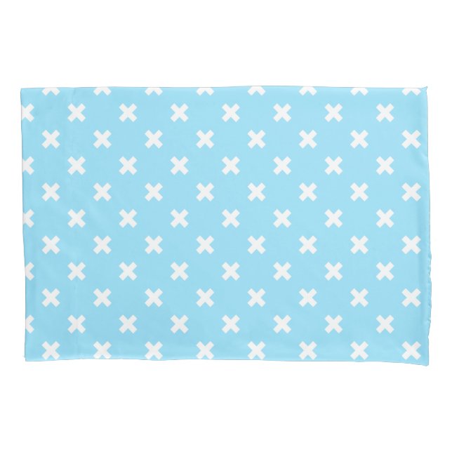 White cross stitches on baby blue pillow case (Front)