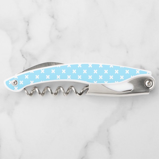 White cross stitches on baby blue waiter's corkscrew (Back)