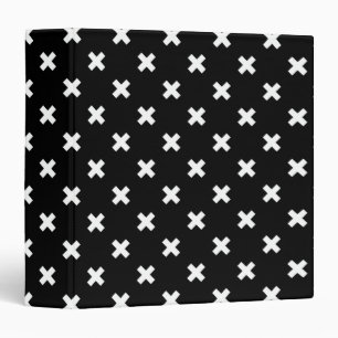 White cross stitches on black 3 ring binder