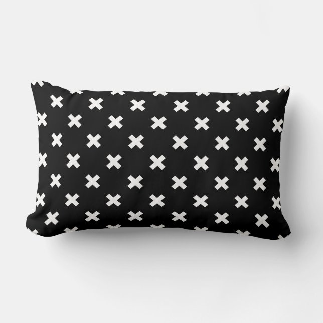 White cross stitches on black lumbar pillow (Front)