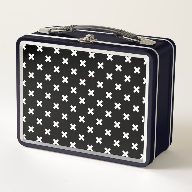 White cross stitches on black metal lunch box (Front)