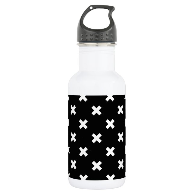 White cross stitches on black stainless steel water bottle (Front)