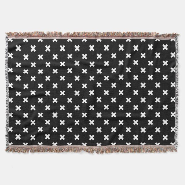 White cross stitches on black throw blanket (Front)