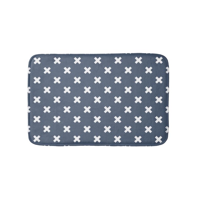 White cross stitches on blue-gray bath mat (Front)