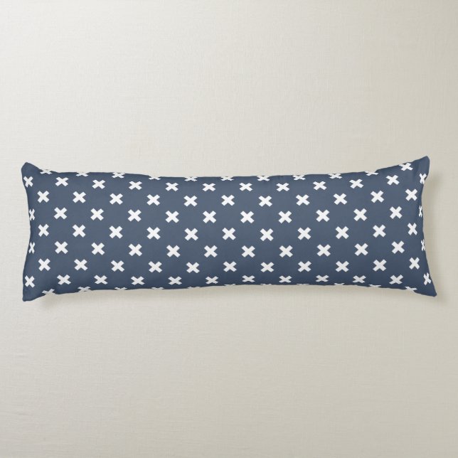 White cross stitches on blue-gray body pillow (Back)
