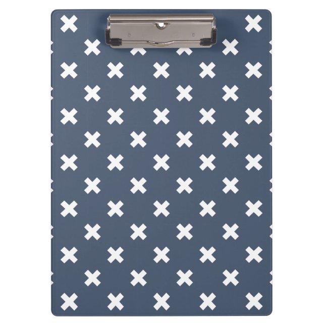 White cross stitches on blue-gray clipboard (Front)
