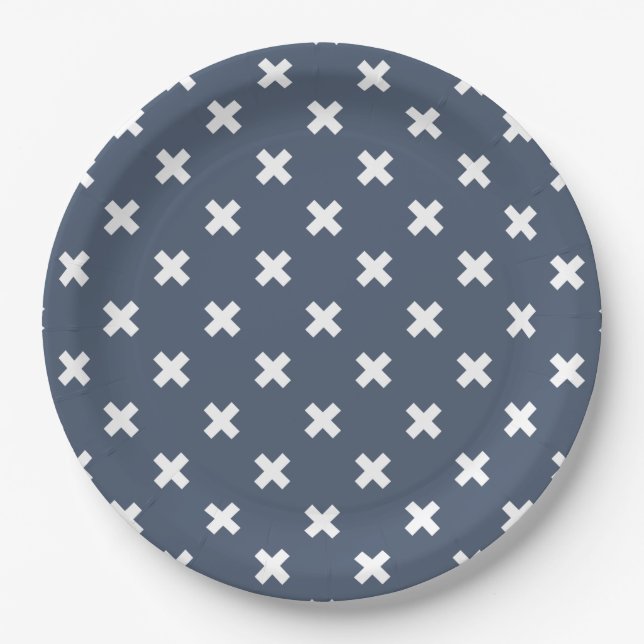 White cross stitches on blue-gray paper plates (Front)