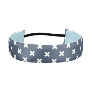 White cross stitches on blue-grey athletic headband