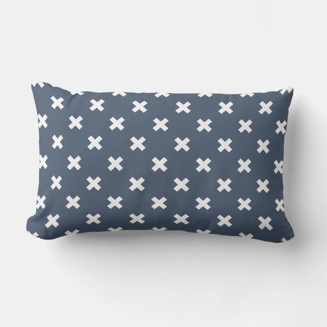 White cross stitches on blue-grey lumbar pillow (Front)