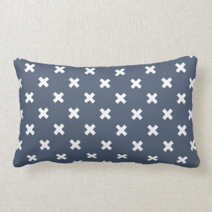 White cross stitches on blue-grey lumbar pillow