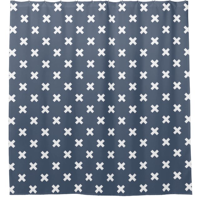 White cross stitches on blue-grey shower curtain (Front)
