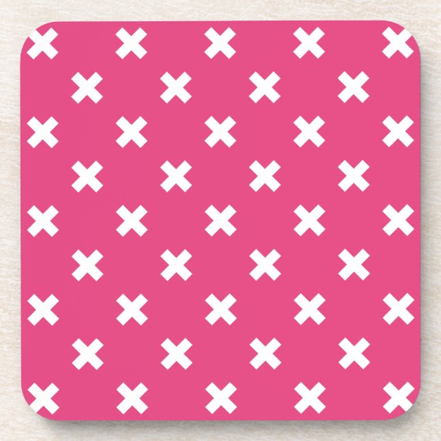 White cross stitches on fuchsia beverage coaster (Front)