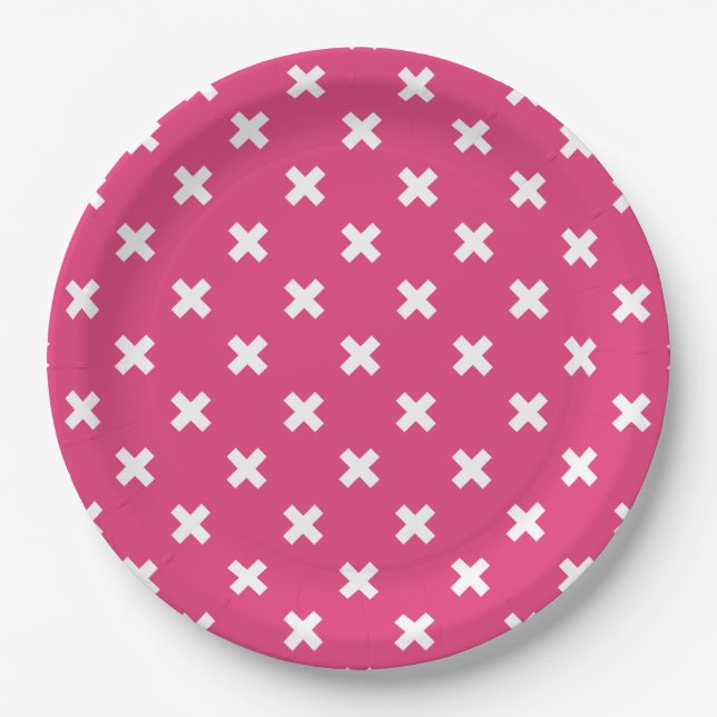 White cross stitches on fuchsia paper plates (Front)