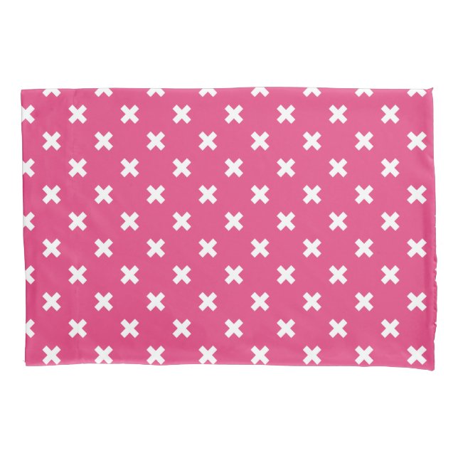 White cross stitches on fuchsia pillow case (Front)