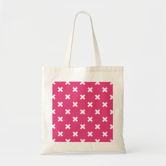 White cross stitches on fuchsia tote bag (Front)