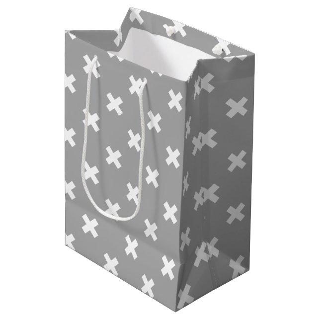 White cross stitches on gray medium gift bag (Front Angled)