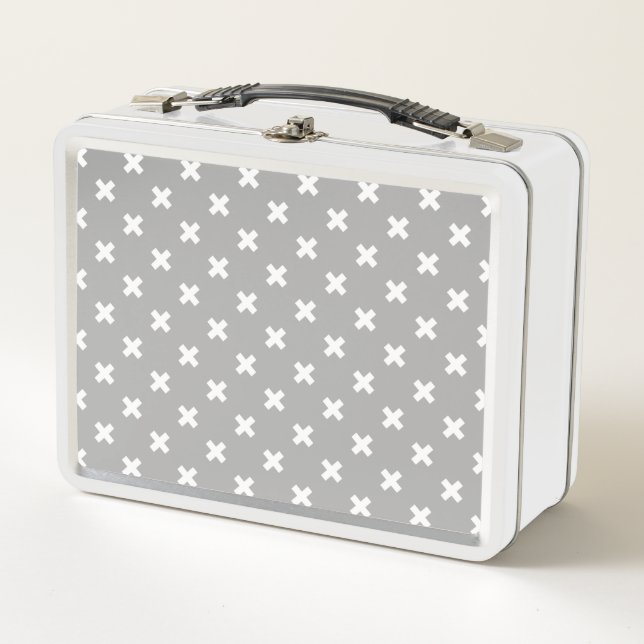 White cross stitches on gray metal lunch box (Front)