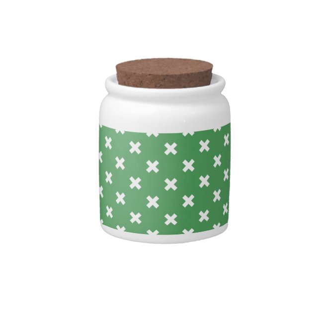 White cross stitches on green candy jar (Front)