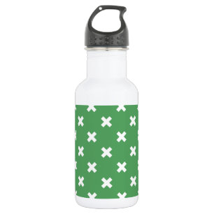 White cross stitches on green stainless steel water bottle