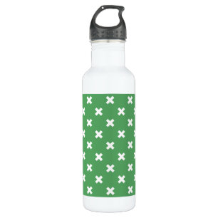 White cross stitches on green stainless steel water bottle