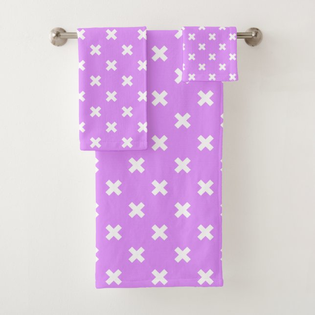White cross stitches on lilac bath towel set (Insitu)