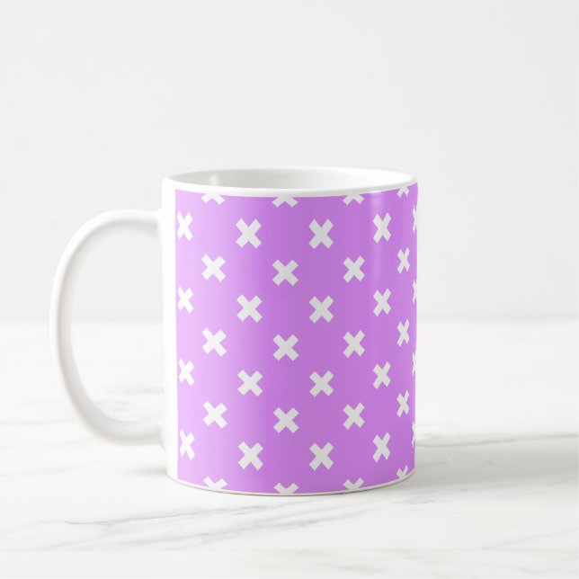 White cross stitches on lilac coffee mug (Left)