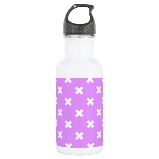 White cross stitches on lilac stainless steel water bottle (Front)