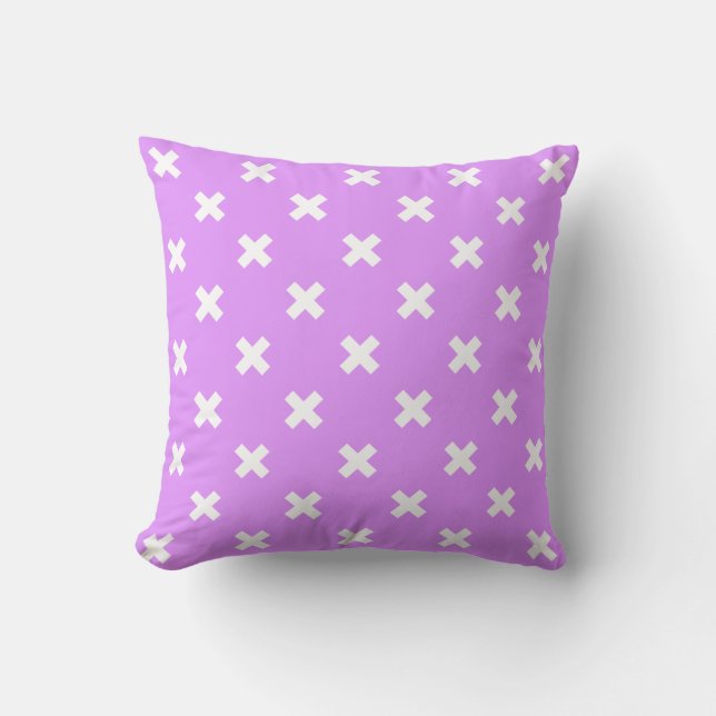 White cross stitches on lilac throw pillow (Front)