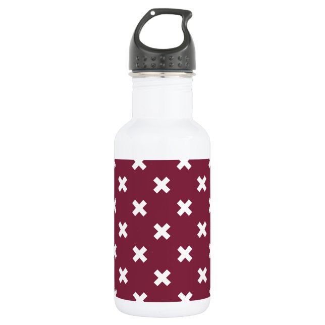 White cross stitches on mulberry stainless steel water bottle (Front)