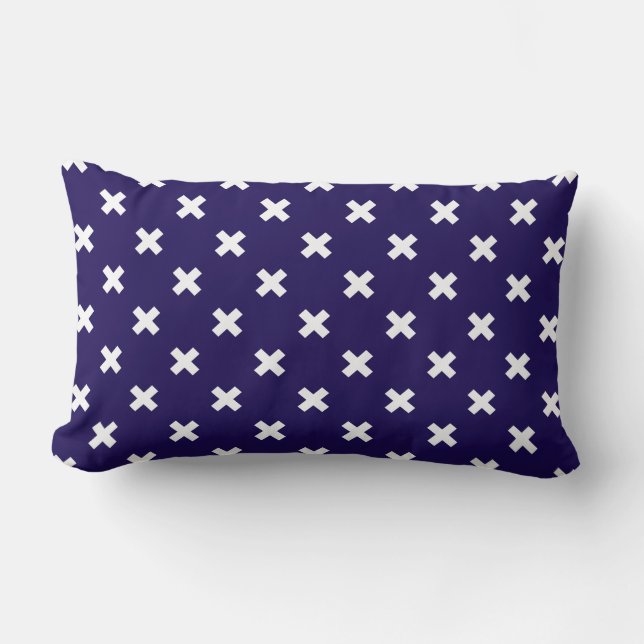 White cross stitches on navy blue lumbar pillow (Front)