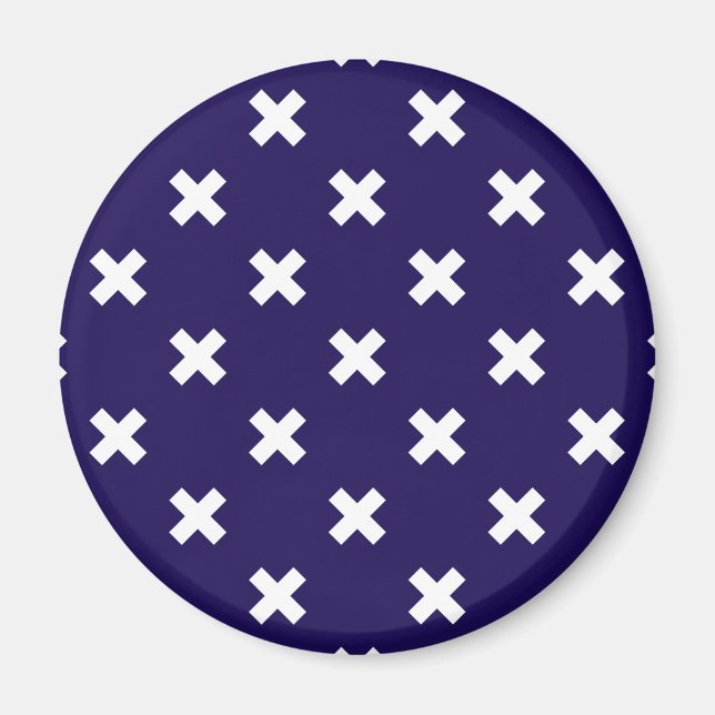 White cross stitches on navy blue magnet (Front)