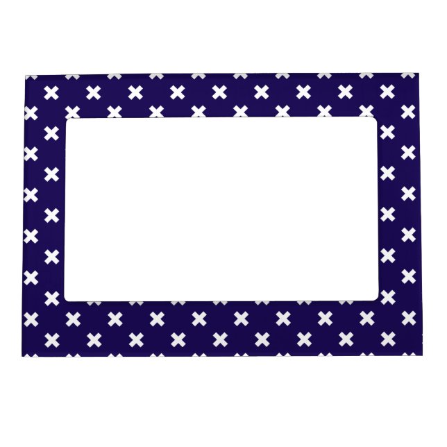 White cross stitches on navy blue magnetic frame (Front)