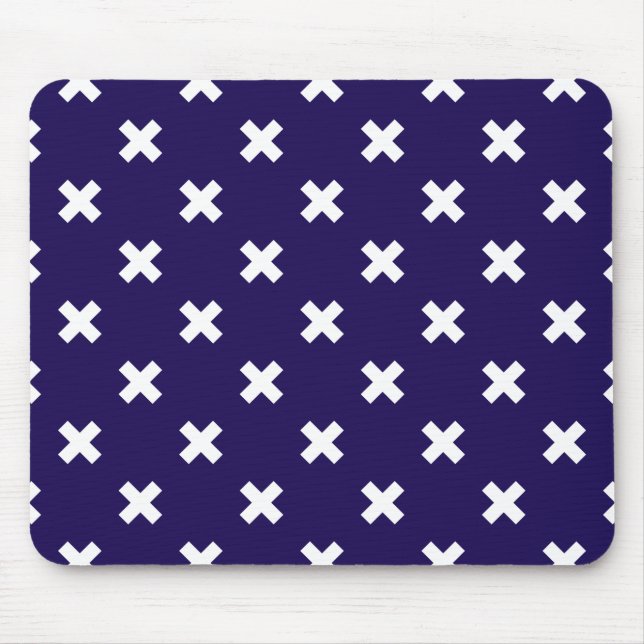 White cross stitches on navy blue mouse pad (Front)