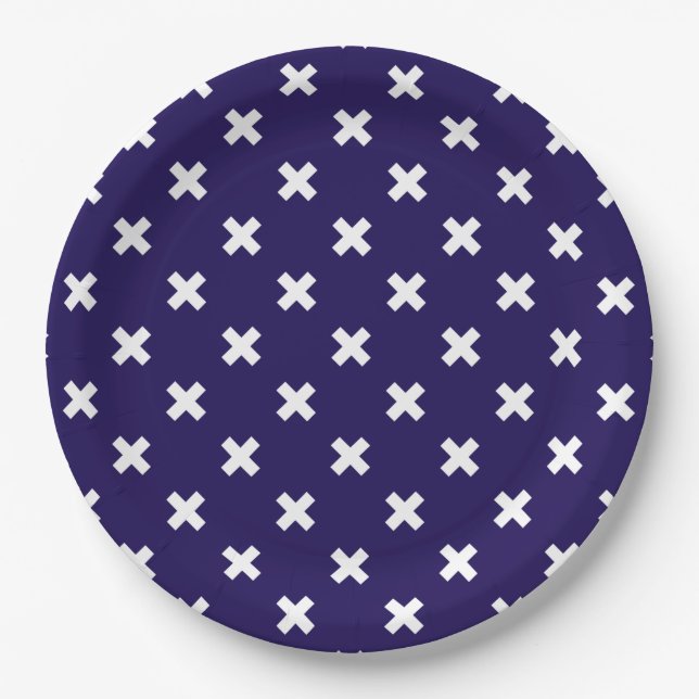 White cross stitches on navy blue paper plates (Front)