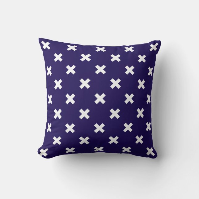 White cross stitches on navy blue throw pillow (Front)