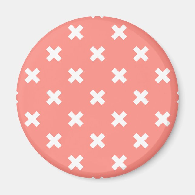 White cross stitches on peach magnet (Front)
