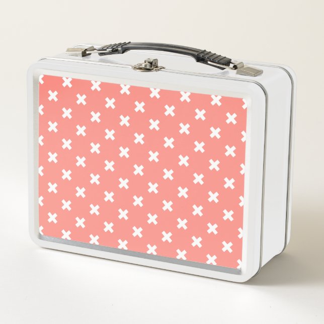 White cross stitches on peach metal lunch box (Front)