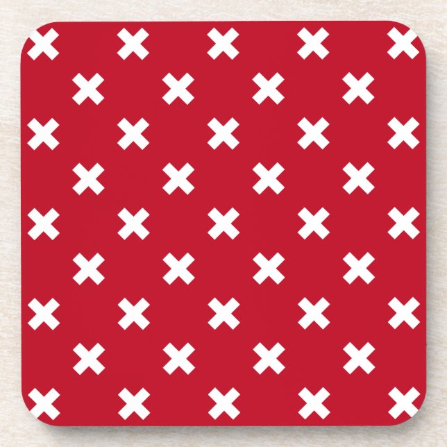 White cross stitches on red beverage coaster (Front)