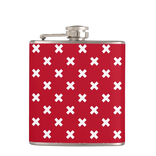 White cross stitches on red flask (Front)