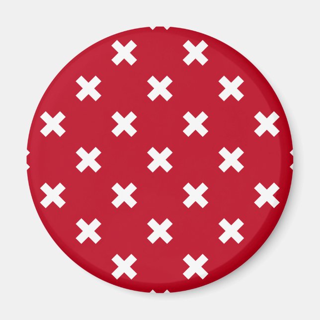 White cross stitches on red magnet (Front)