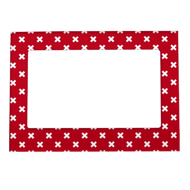 White cross stitches on red magnetic frame (Front)