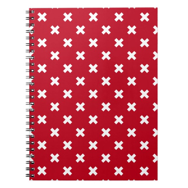 White cross stitches on red notebook (Front)