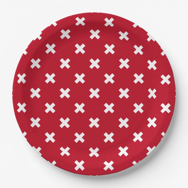 White cross stitches on red paper plates (Front)