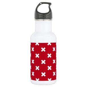 White cross stitches on red stainless steel water bottle